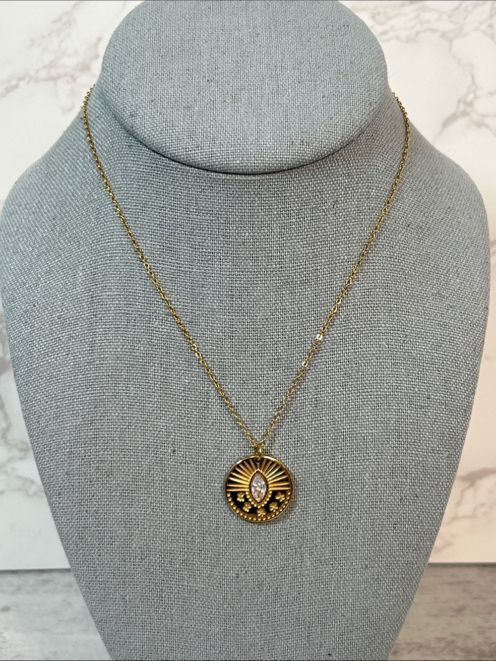 18k GP Gold Sunburst Pendant Necklace with Clear Stone